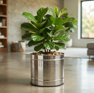 10 inch round stainless steel perforated planter with green plant