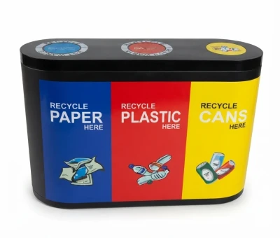 180L FRP recycling station for paper plastic and cans with blue red yellow compartments
