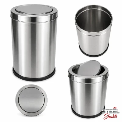 Steel Shakti 20 Liter Stainless Steel Swing Dustbin (10x14 Inch) | Push Lid Waste Bin