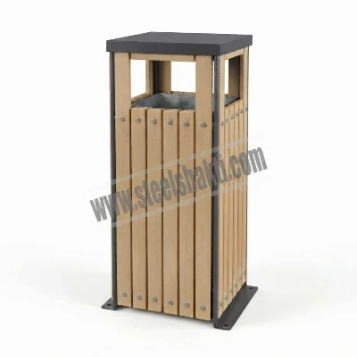 36L wooden finish outdoor dustbin with square steel frame for parks and gardens