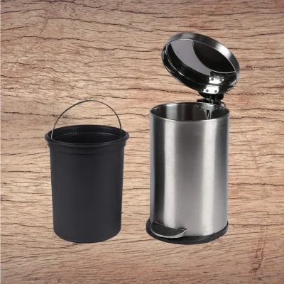 Steel Shakti 5L Stainless Steel Pedal Dustbin with Lid – Silver Round Bathroom Bin with Plastic Inner Bucket – 7x11 inch thumbnail