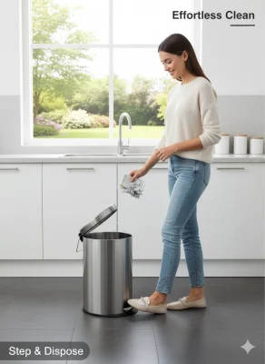 Steel Shakti 5L Stainless Steel Pedal Dustbin with Lid – Silver Round Bathroom Bin with Plastic Inner Bucket – 7x11 inch thumbnail