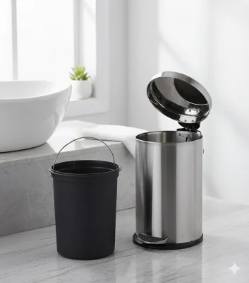 Steel Shakti 5L Stainless Steel Pedal Dustbin with Lid – Silver Round Bathroom Bin with Plastic Inner Bucket – 7x11 inch thumbnail