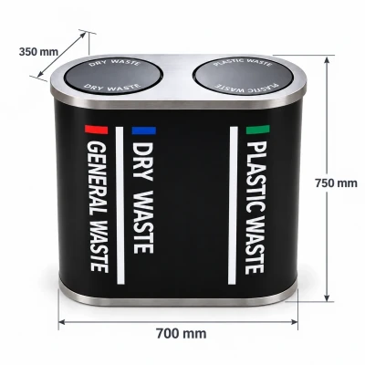 Black SS 202 duo dustbin measuring 700 mm wide, 350 mm deep and 750 mm high
