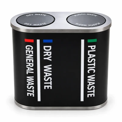 Front view of black SS 202 stainless steel duo dustbin