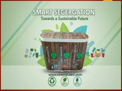 SmartSeg: 180L (60+60+60L) Wooden Finish 3-Compartment Dustbin | FRP Segregation Bin for Wet, Dry & General Waste thumbnail