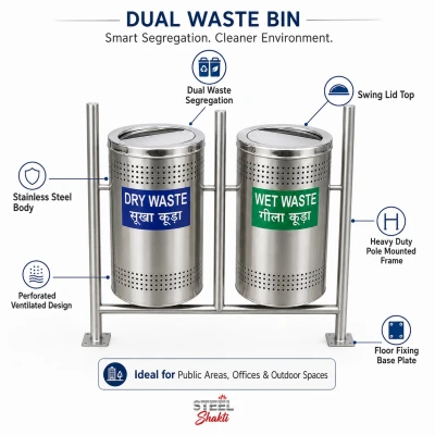 Features of pole mounted dual stainless steel dustbin with swing lids, perforated body and floor fixing base plates