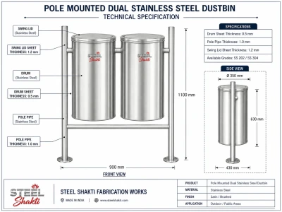 Technical drawing of pole mounted dual stainless steel dustbin with SS 202 and SS 304 material options and sheet thickness specifications