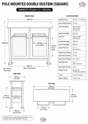 Technical dimensions of 140 litre square pole mounted double stainless steel dustbin with two 70 litre bins