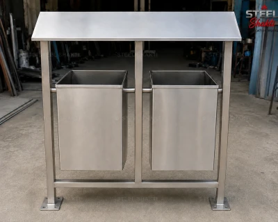 Square pole mounted double stainless steel dustbin with roof and twin hanging bins