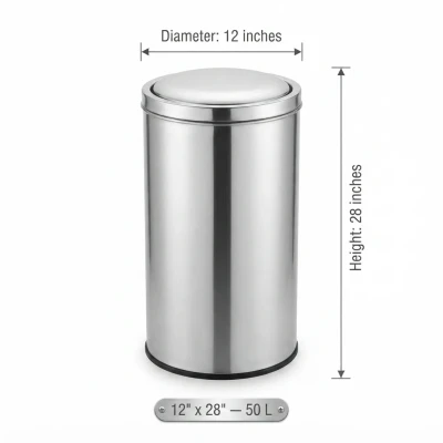 50L Stainless Steel Swing Dustbin – 12×28 Inch