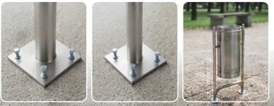 Base plate and anchor bolt installation detail of stainless steel perforated pole mounted dustbin