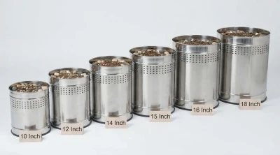 Stainless steel round perforated planters in 10, 12, 14, 15, 16 and 18 inch sizes