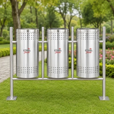 Triple stainless steel pole mounted dustbin for park use with Steel Shakti branding