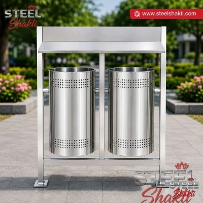 Stainless steel twin dustbin with roof and stand for wet dry waste segregation