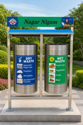 100L pole mounted twin stainless steel dustbin with roof and name plate for outdoor waste segregation