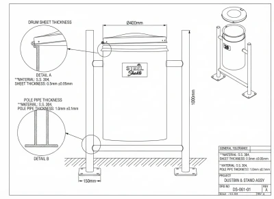 Engineering technical drawing (blueprint) of a stainless steel dustbin and stand assembly for 'Steel Shakti'. The main front view shows dimensions (Ø400mm, 1000mm height) and the logo. Two magnified detail views show: Detail A, Drum Sheet Thickness (S.S.