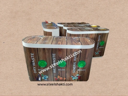 SmartSeg: 180L (60+60+60L) Wooden Finish 3-Compartment Dustbin | FRP Segregation Bin for Wet, Dry & General Waste