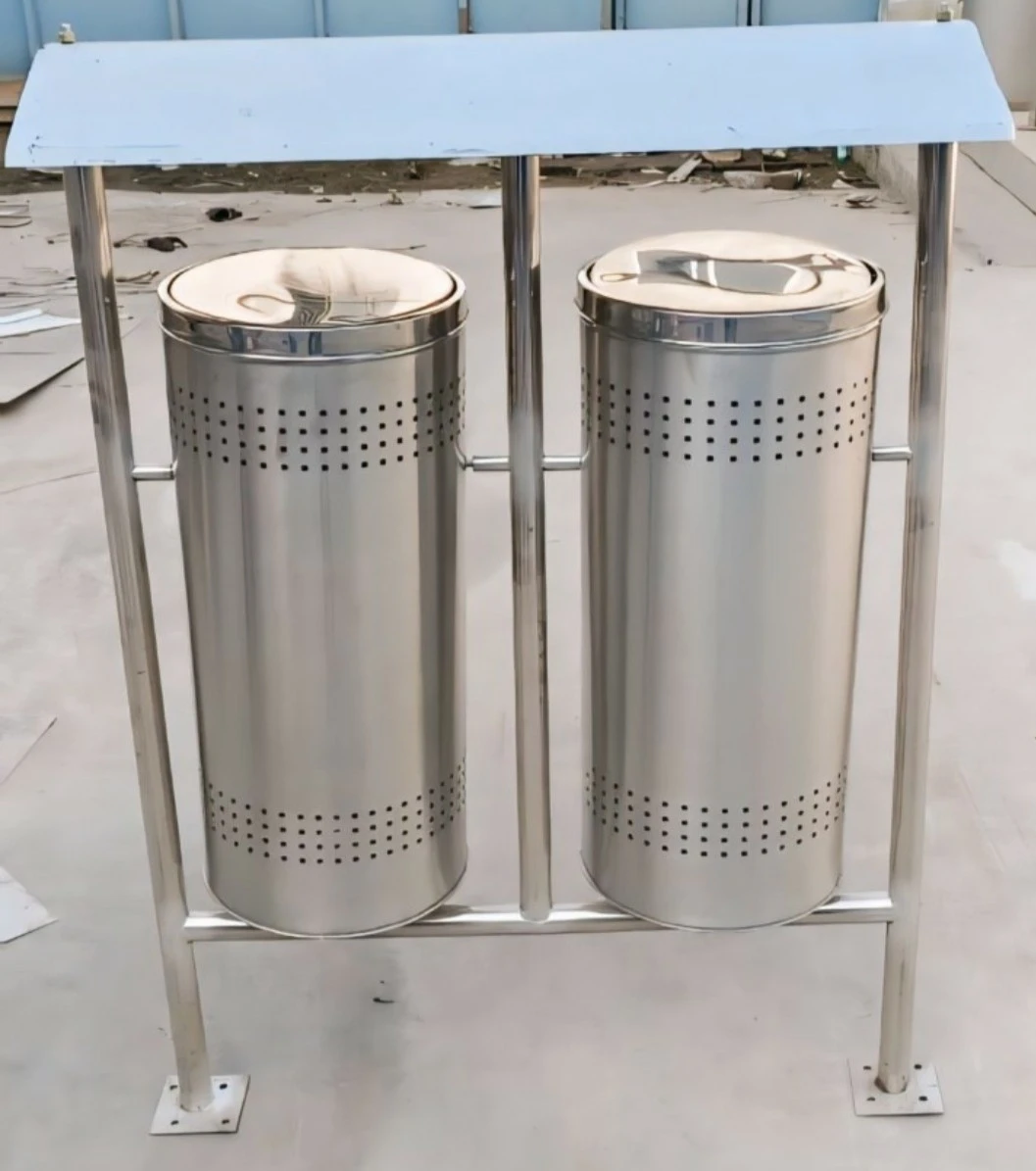Stainless Steel 202 Double Dustbin with Roof (60+60 Ltr) | Outdoor Street Waste Bin